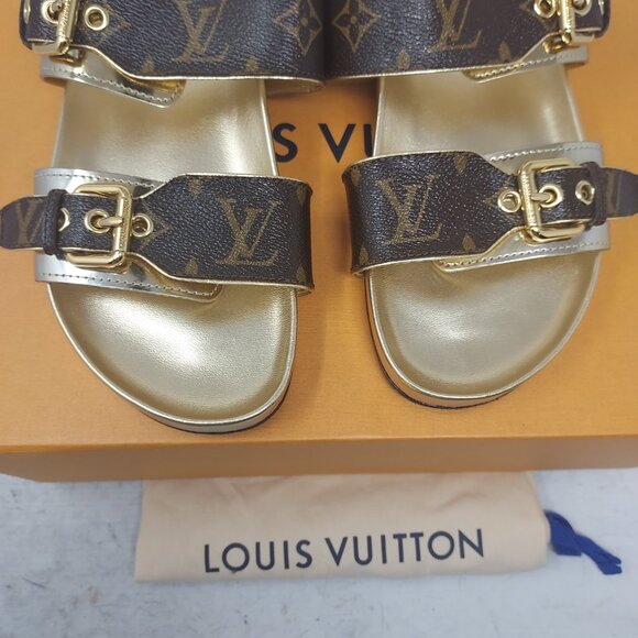 Louis Vuitton Brown Gold Buckle Bom Dia Monogram Flat Slide Sandals - Picture 4 of 16